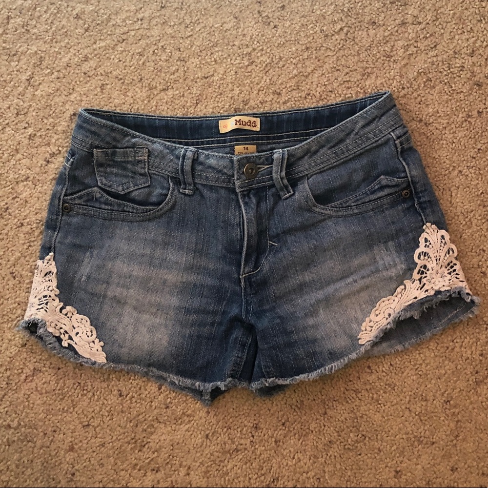 Girls distressed jean shorts with lace